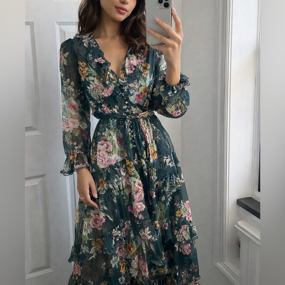 Zimmermann Wavelength Scallop Trim Silk Midi Dress